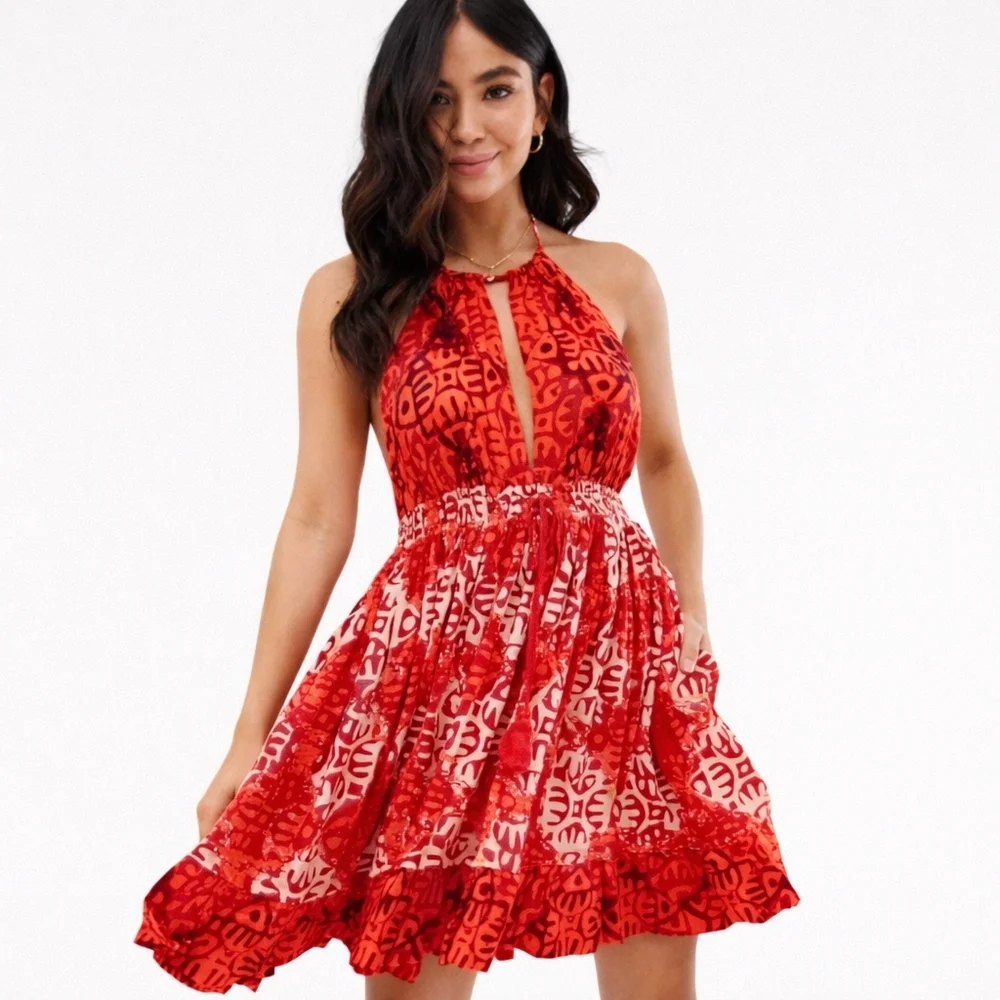 Free People Red Beach Day Boho Halter Flowy Summer Mini Dress‎